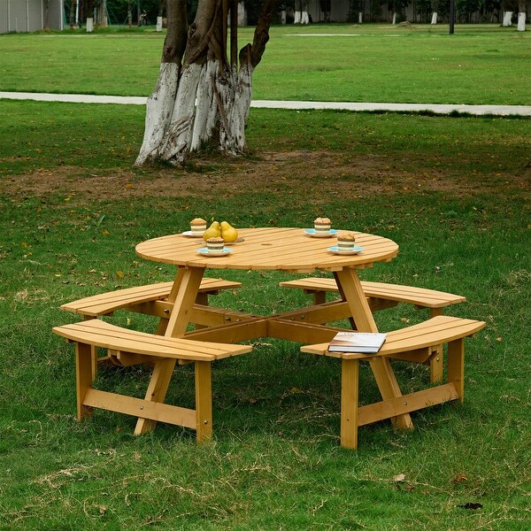 8 Person Wood Picnic Table,Outdoor Round Picnic Table with 4 Builtin Benches,Umbrella Hole,Outside Table and Bench Set