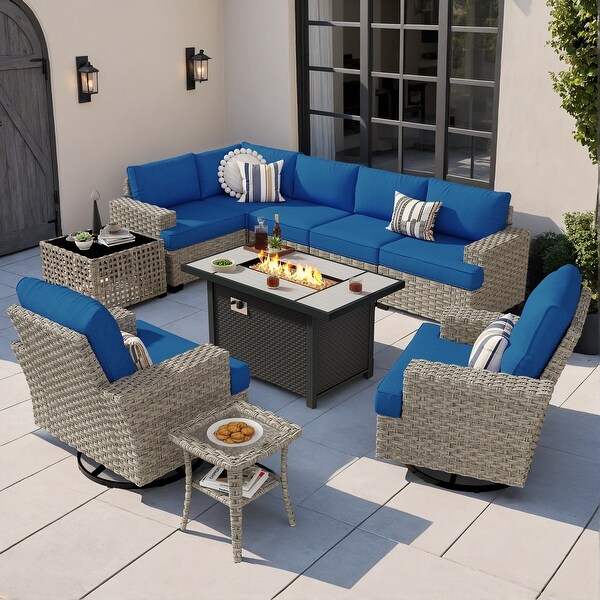 OVIOS 10 Pieces T shaped Seat Wide Armrest Swivel Chair Set With SolarPowered TableandFire Pit