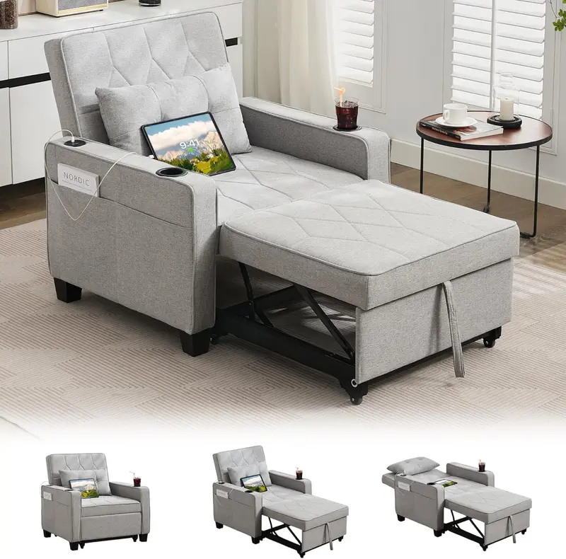 Smart 3-in-1 Sleeper Chair for Adults – USB/Type-C Charging, Cup Holders, Side Pockets, and Pull-Out Bed