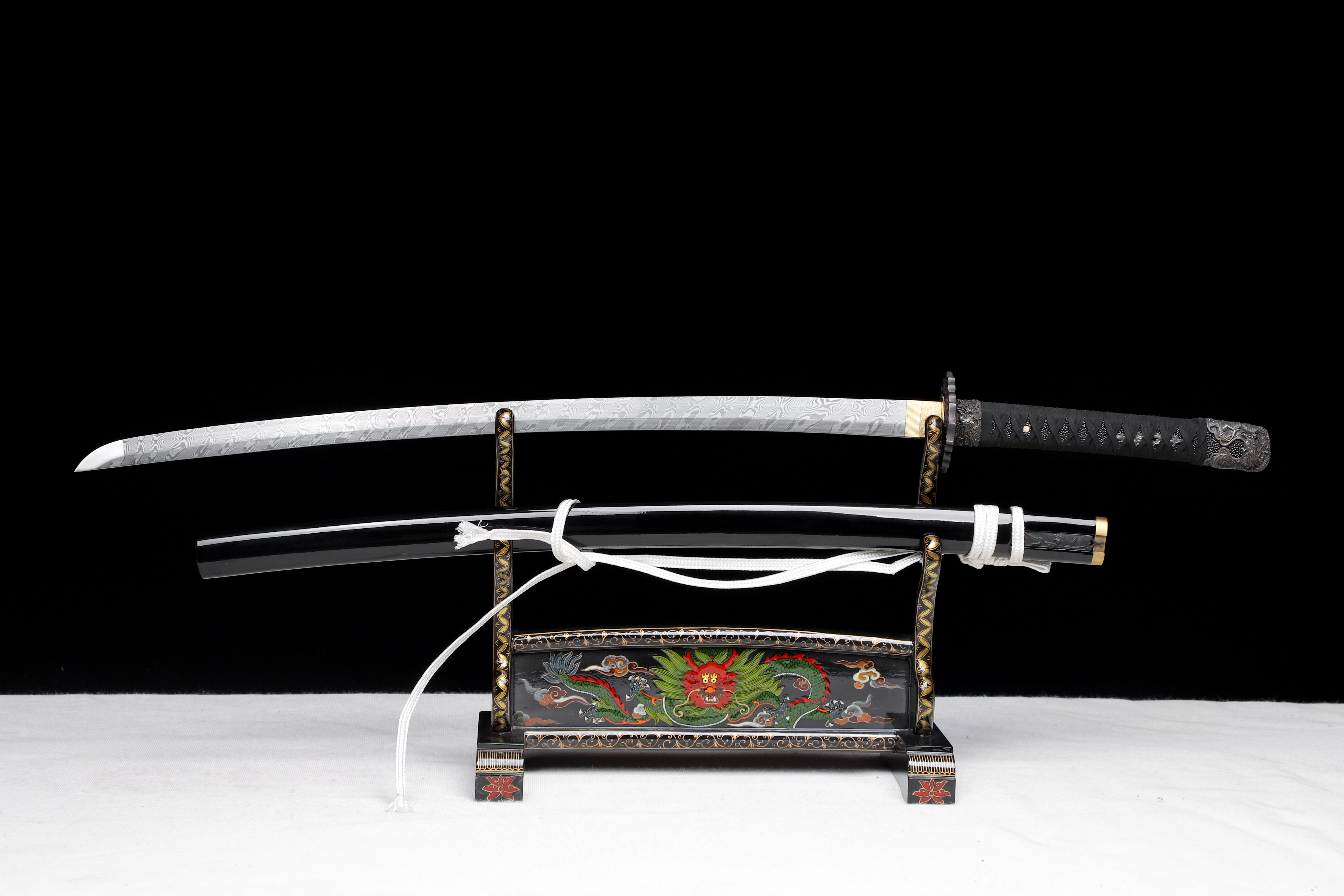 Handmade Katana Damascus Twisted Steel Silver Dragon Kozuka Kogai