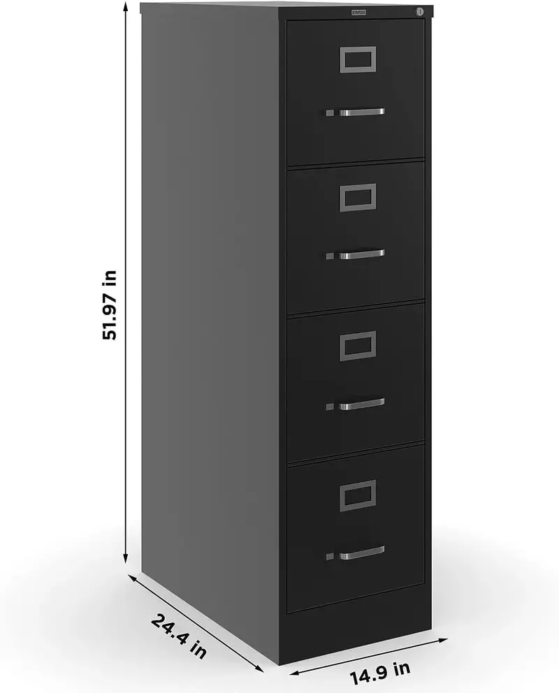 STAPLES 4-Drawer Lockable File Cabinet – Black, 25″ Depth x 15″ Width
