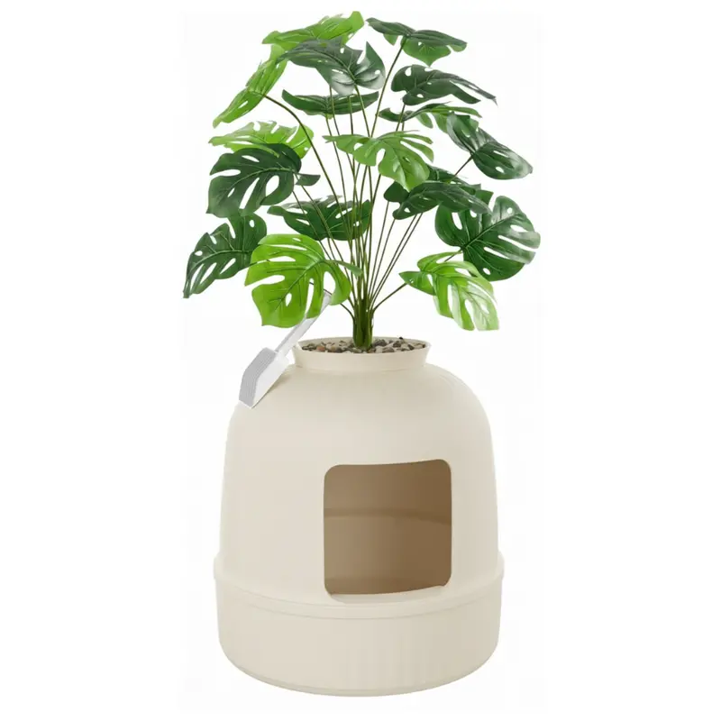Stylish Plant-Mimicking Litter Box Enclosure – Built-in Carbon Filter & Scoop Storage