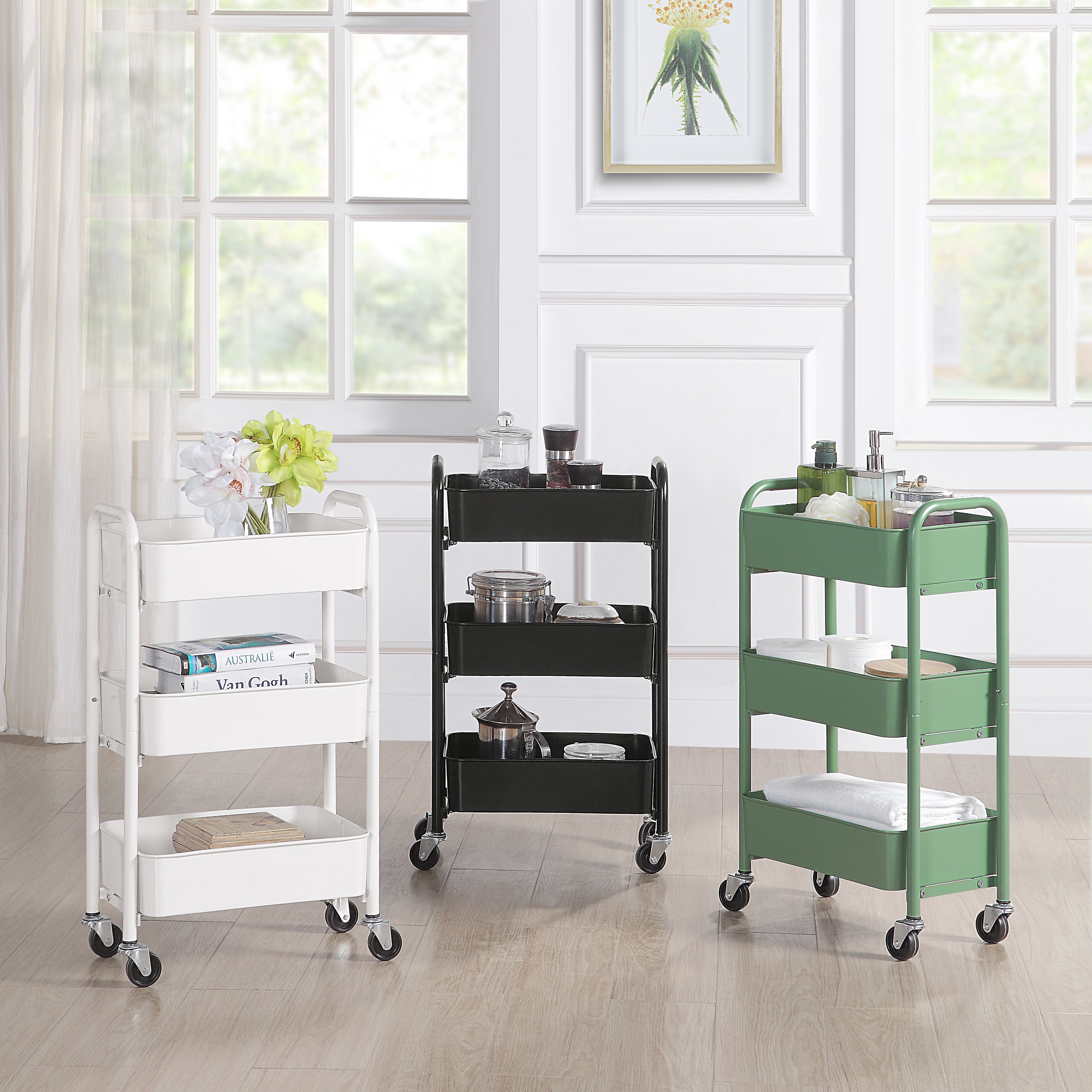 SunnyPoint 3-Tier Compact Rolling Metal Utility Cart Kitchen with Caster Wheels, Black