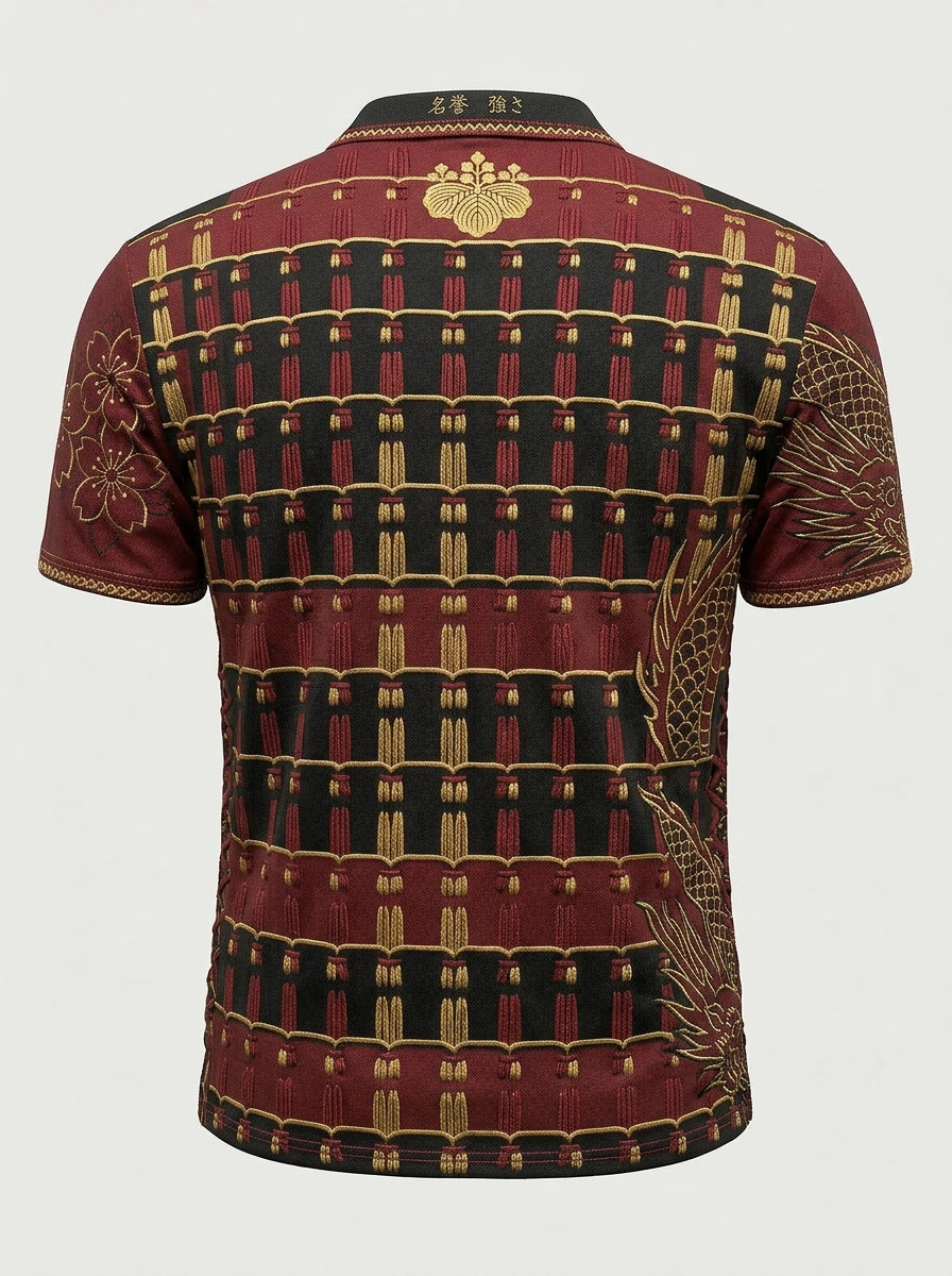 Moisture Wicking Golf Polo 3D Red Black Japanese Emblem Embroidery Button Short Sleeve Golf Polo Shirt