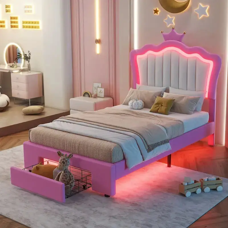Twin Upholstered Bed Frame with Integrated LED Lighting, Crown-Adorned Headboard, and Hidden Storage Drawer – Pink and White Design