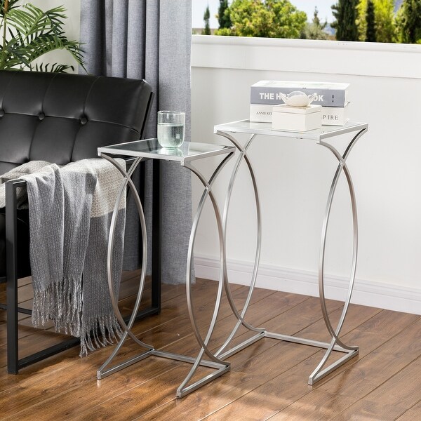 Glitzhome Set of 2 Modern Glam Glass Top Nesting Side Table