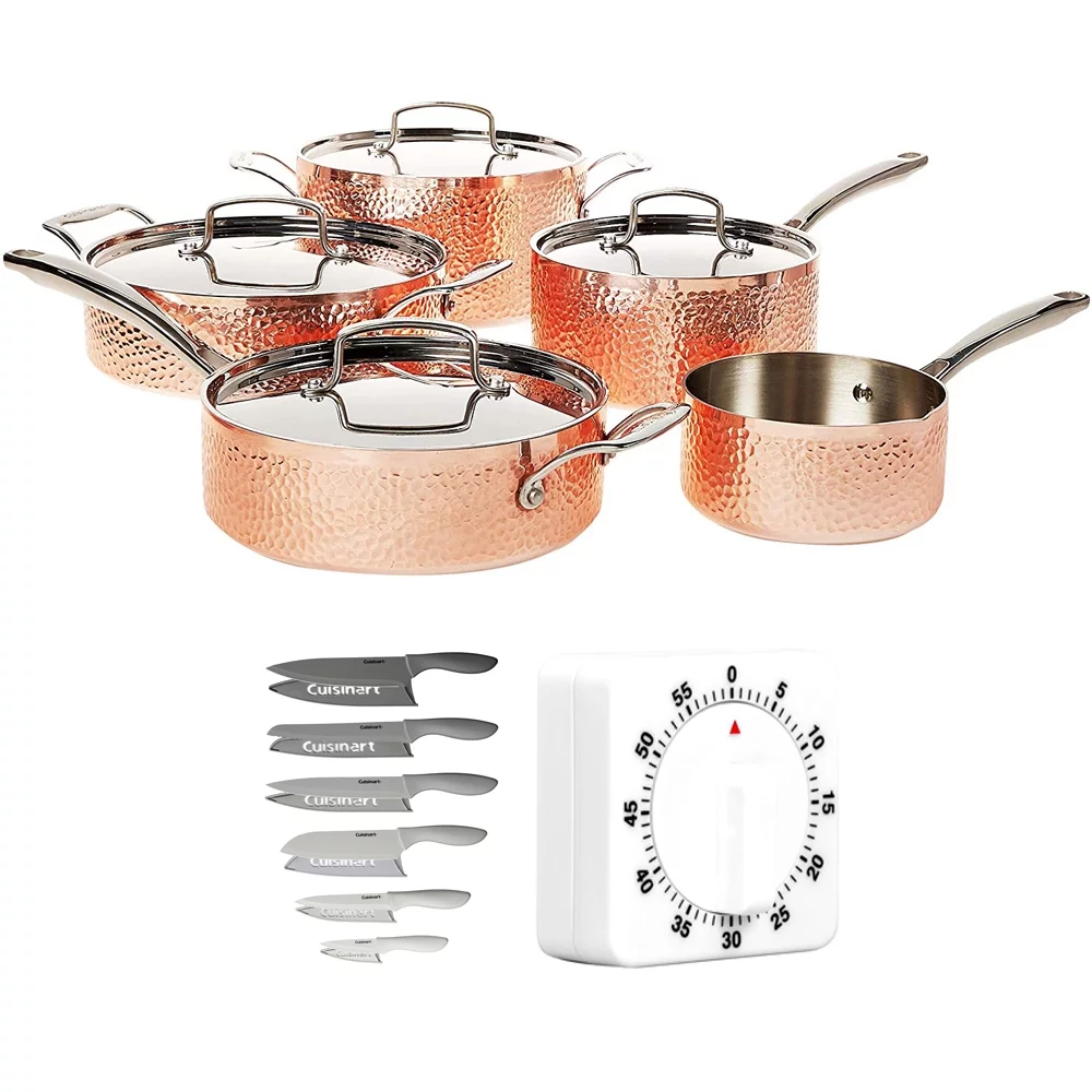 Cuisinart HCTP-9 Hammered Collection 9-Piece Cookware Set Copper Bundle with Cuisinart Advantage 12-Piece Gray Knife Set with Blade Guards and Deco Essentials Mechanical 60 Minute Kitchen Timer