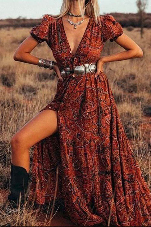 Bohemian V-Neck Maxi Dress with High SlitClistos