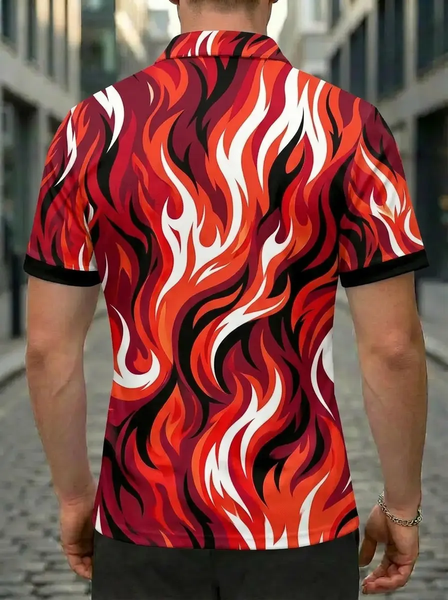 Moisture Wicking Golf Polo 3D Red Orange White Black Flame Button Short Sleeve Golf Polo Shirt