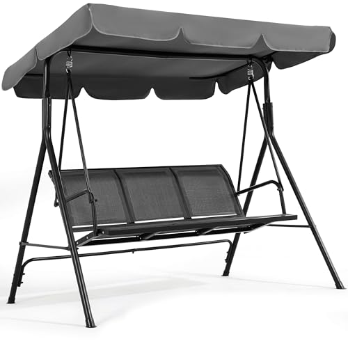 Yaheetech Outdoor Patio Swing Chair, 3-Seat Patio Sunset Hanging Swing Glider w/Adjustable Canopy & Texteline Fabric & Armrests, Outdoor Love Seat Bench for Patio/Garden/Yard/Porch, Gray
