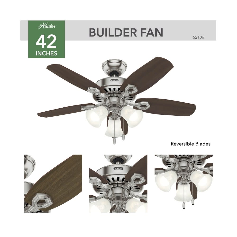 Hunter Builder Ceiling Fan 42 Brushed Nickel Brazilian Cherry;
