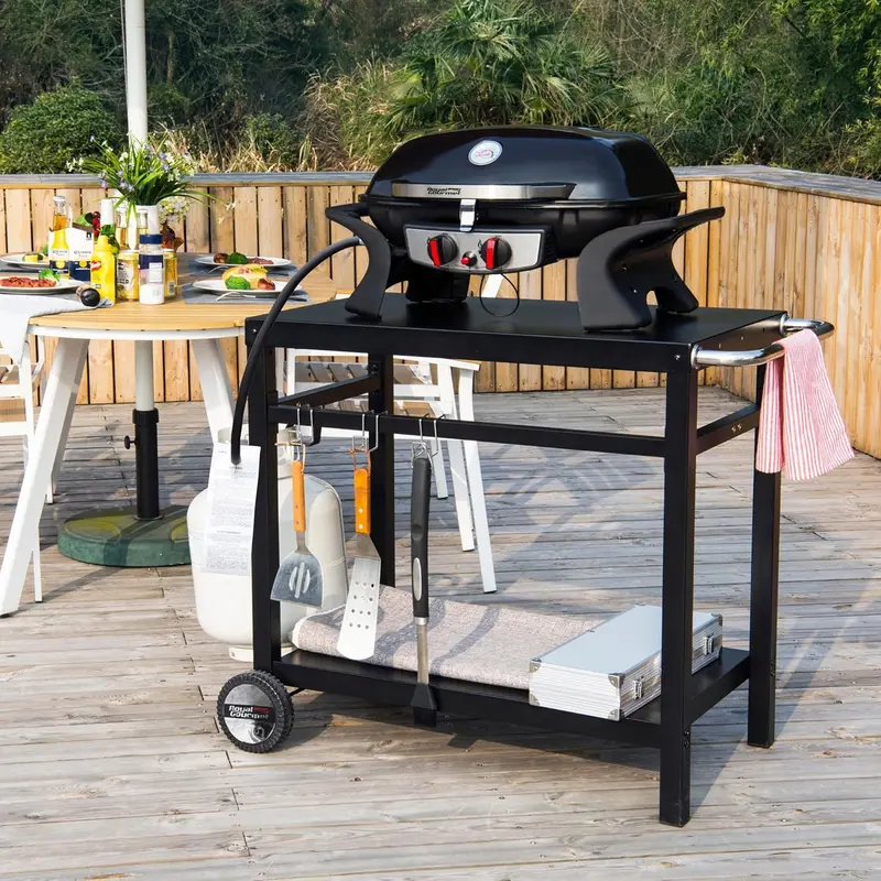 Royal Gourmet Stainless Steel Dining Cart – Double-Shelf Grill Station with Hooks, Side Handle & Flattop Surface (Model PC3401B, Black)