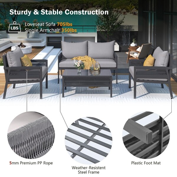 Rope Patio Conversation Set with Tempered Glass Table (4 Pieces)