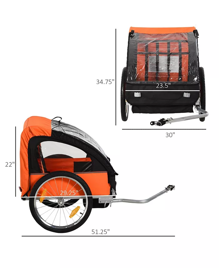 Aosom 2-Seat Child Bike Trailer for Kids with a Strong Steel Frame, 5-Point Safety Harnesses, and Comfortable Seat, Orange
