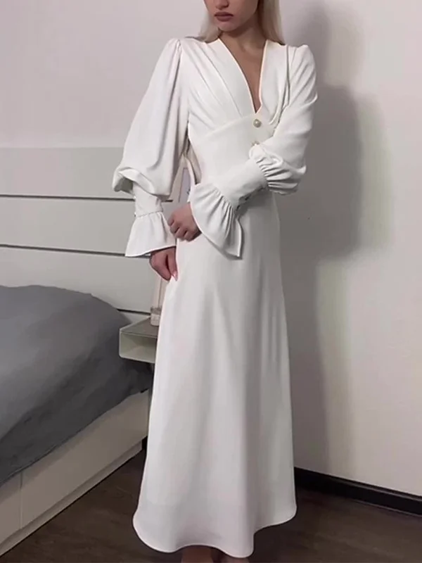 V-Neck Ruched Crepe Fit & Flare DressClistos