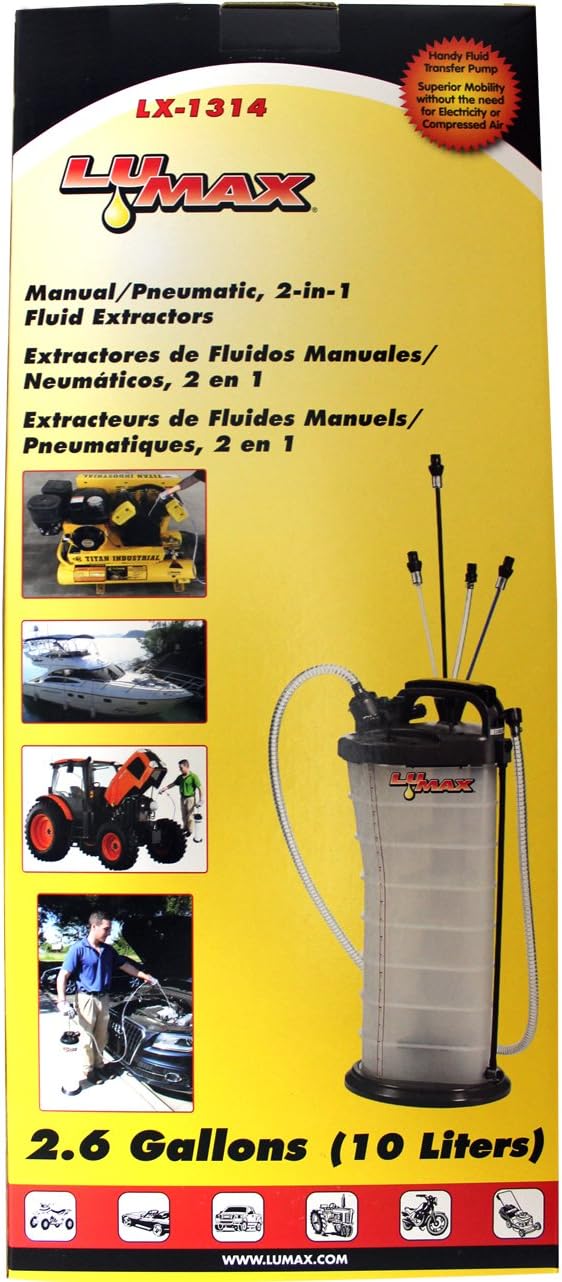 LX-1314 Gold/Silver Manual/Pneumatic 2-in-1 Fluid Extractor (2.6G 10L Capacity). Suitable for Brake Fluid, Engine Oil, Gear Oil, Transmission Fluid, Water, etc.
