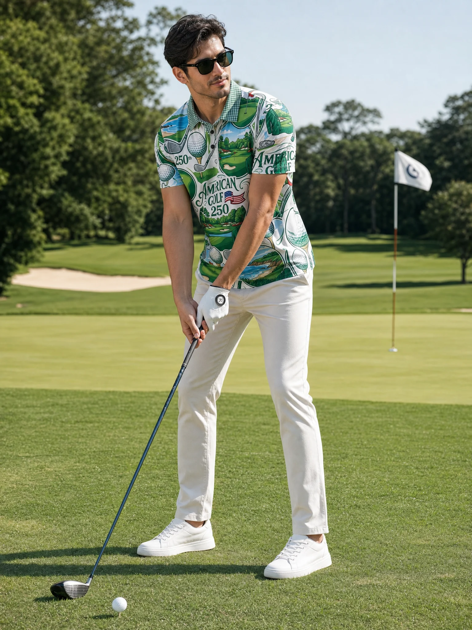 Moisture Wicking Golf Polo 3D American Golf 250 Course Print Button Short Sleeve Golf Polo Shirt