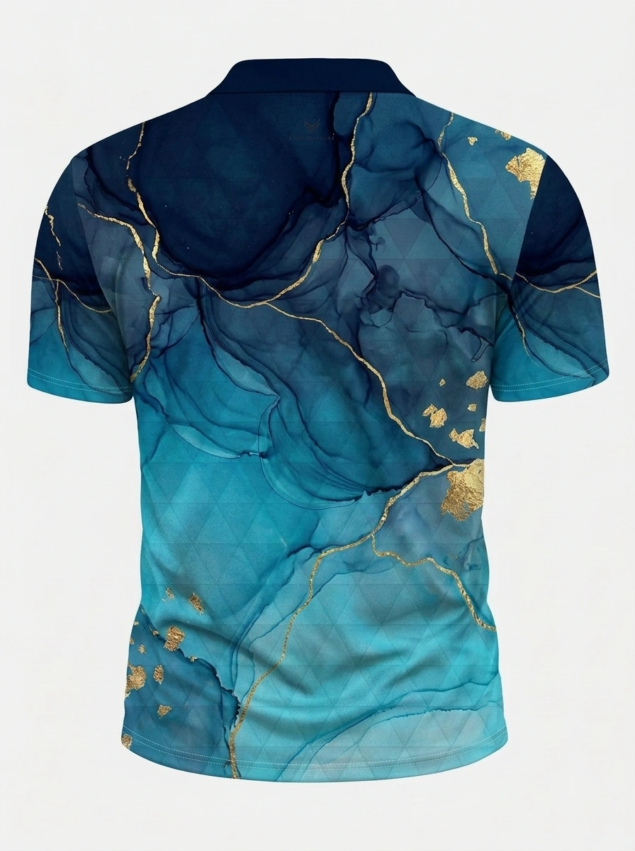 Moisture Wicking Golf Polo 3D Blue Gold Marble Button Short Sleeve Golf Polo Shirt
