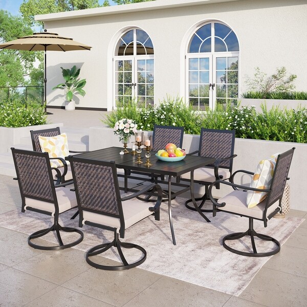 MAISON ARTS 5/7piece Patio Dining Set,4/6 Rattan Swivel Chairs with Cushion and 1 Metal Table with Umbrella Hole