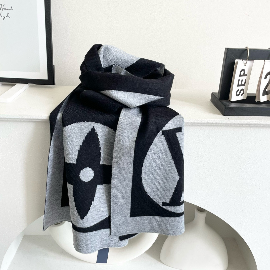 Louis Vuitton Monogram Cashmere Jacquard Scarf Grey-Black For Women 180cm