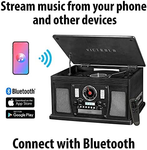 Victrola 8-in-1 Bluetooth Record Player & Multimedia Center, Built-in Stereo Speakers – Turntable, Wireless Music Streaming