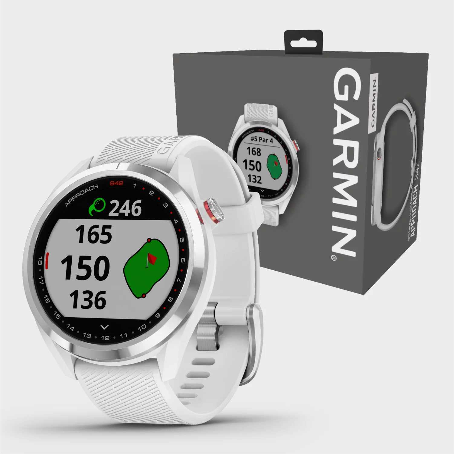 Garmin Approach S42 Premium GPS Golf Watch, Polished Silver Ceramic Bezel with White Silicone Band and Wearable4U All-In-One Golf Tools Bundle