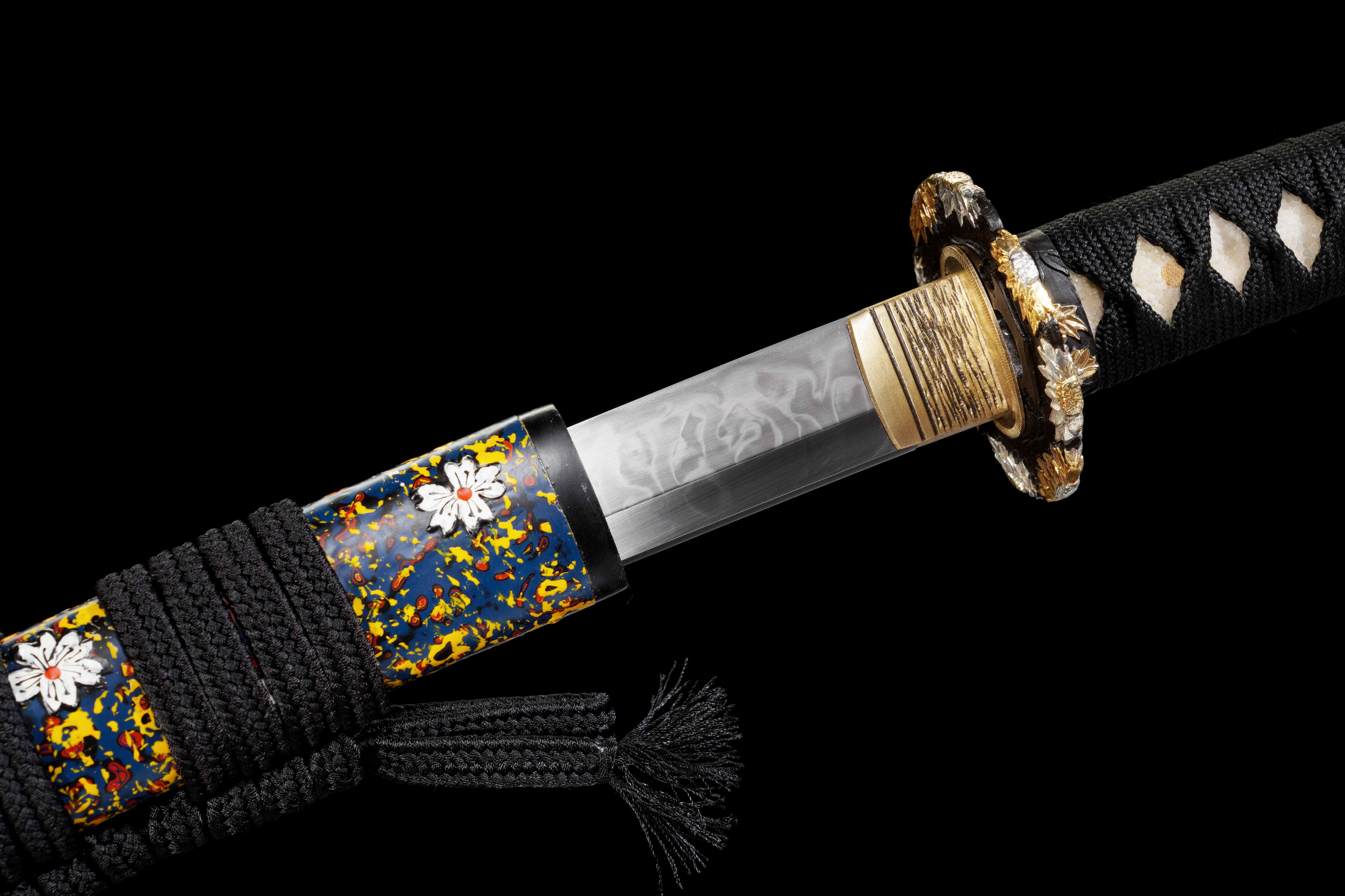 Handmade Japanese Katana T10 Clay Tempered Hitatsura Samurai Sword Kiku Tsuba