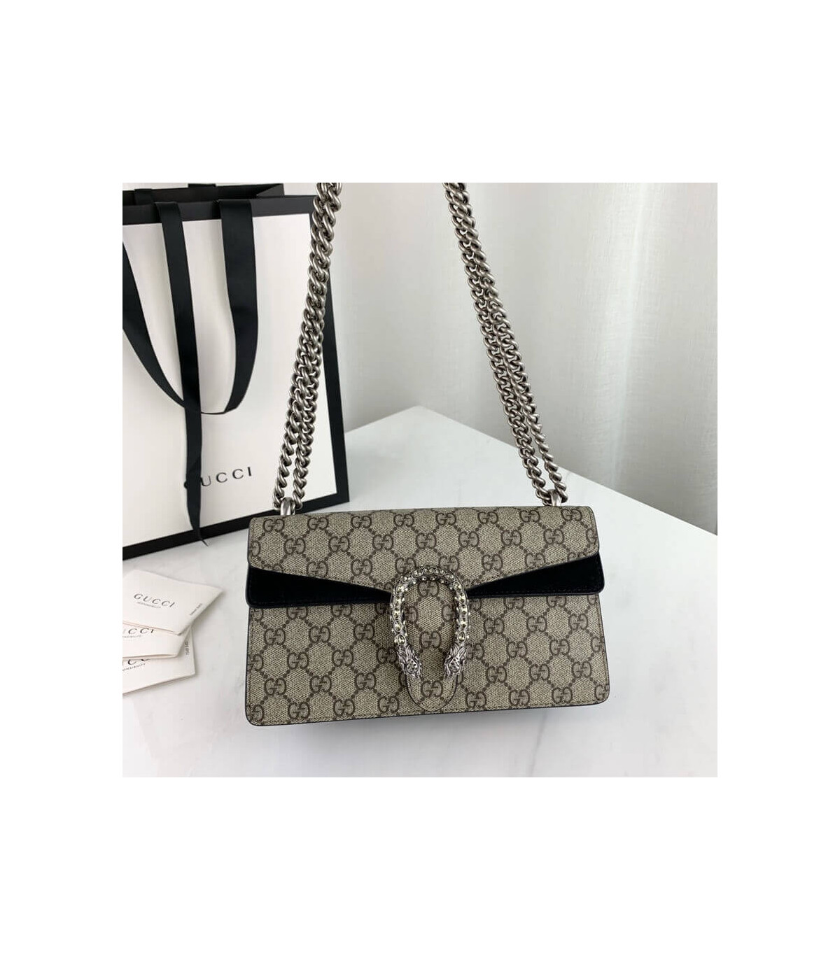 Gucci Dionysus Small Shoulder Bag in GG Supreme with Crystals Black 25cm