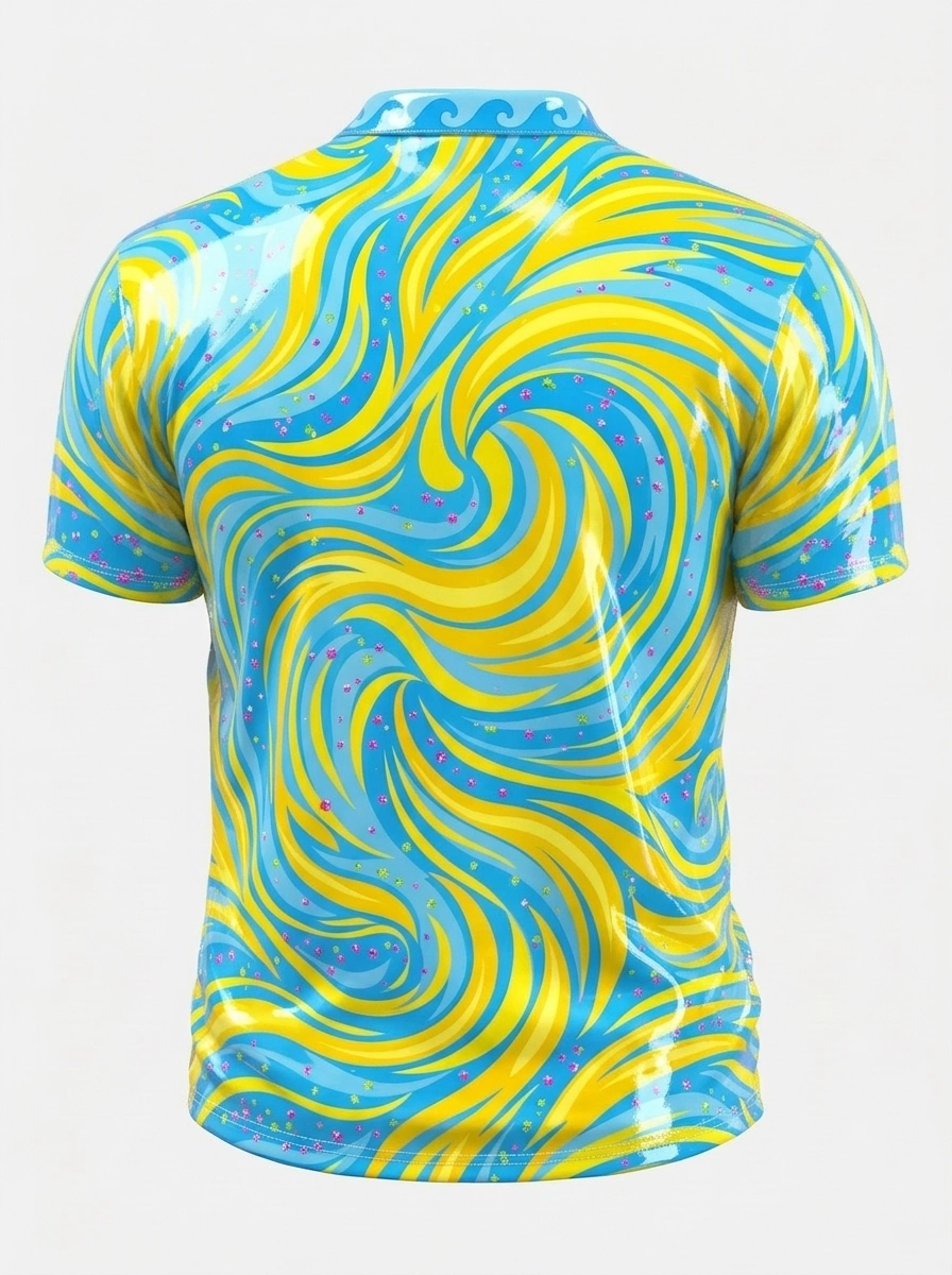 Moisture Wicking Golf Polo 3D Blue Yellow Swirl Glitter Button Short Sleeve Golf Polo Shirt