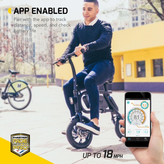 SwagCycle Envy Pro Folding Electric Bike, Pedal Free and App Enabled, 18 mph E Bike with USB Port to Charge on the Go (White)