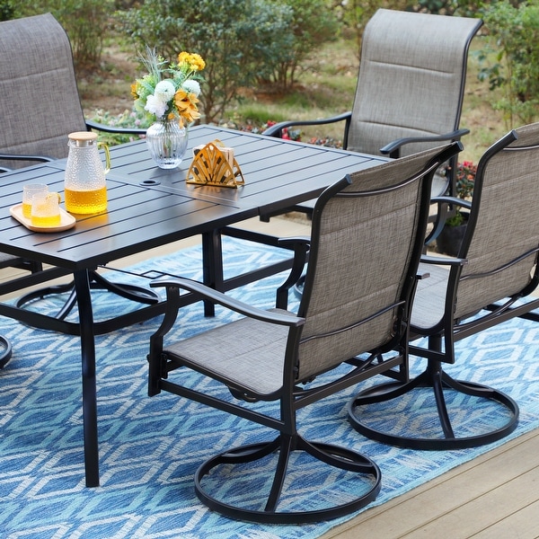 MAISON ARTS 7/8 Pieces Patio Dining Set,Rectangular Black Metal Table with 6 Padded Textilene Fabric Swivel Chairs