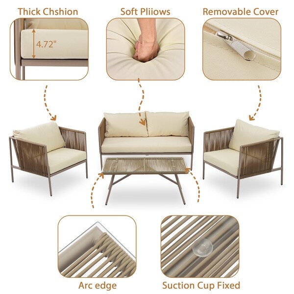 4Piece Rope Sofa Conversation Sets with Cushions and Table