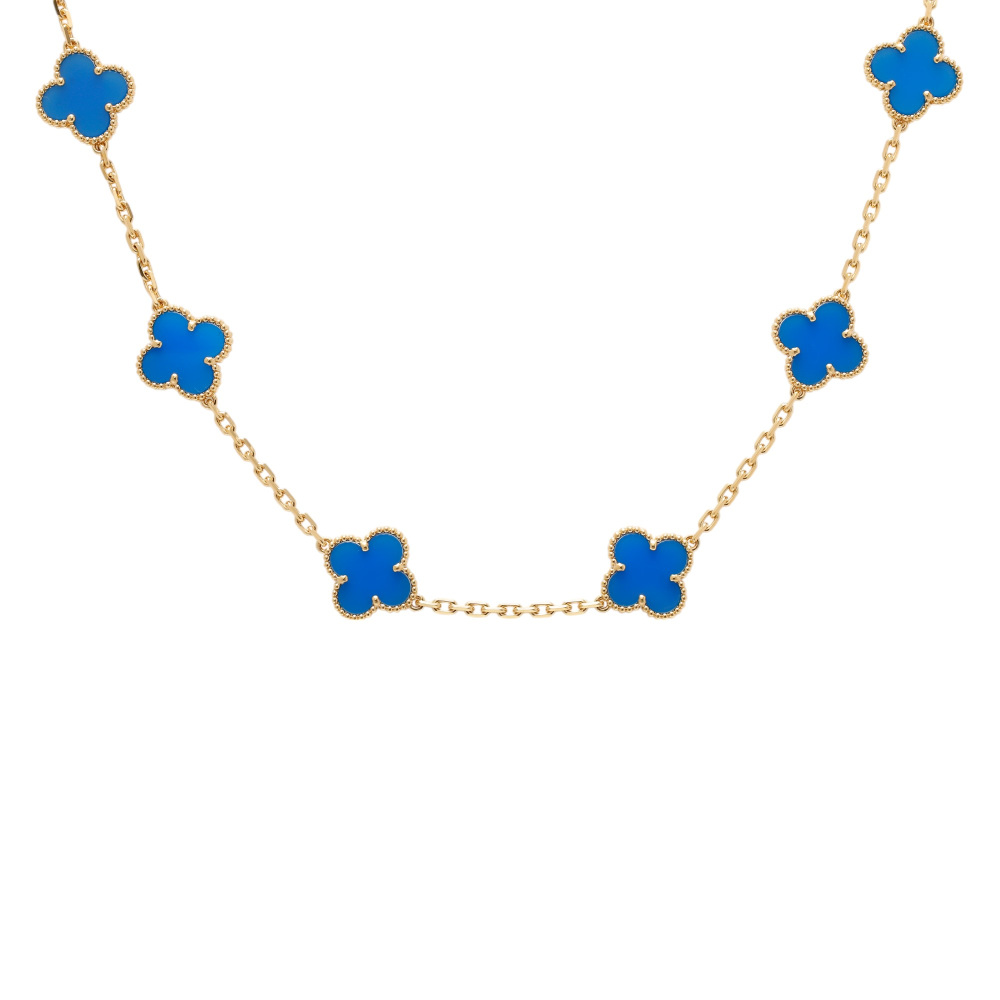 Van Cleef & Arpels Vintage Alhambra 10 Motifs Necklace 18K Yellow Gold Blue Agate VCARP34800