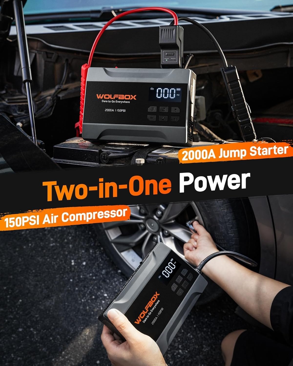 2000A Jump Starter with Air Compressor, 37Wh Car Battery Jumper Starter Portable (up to 5L Gas Engine) with 150PSI Tire Inflator, 12V Jump Box with Jumper Cables, Boost, LED Light