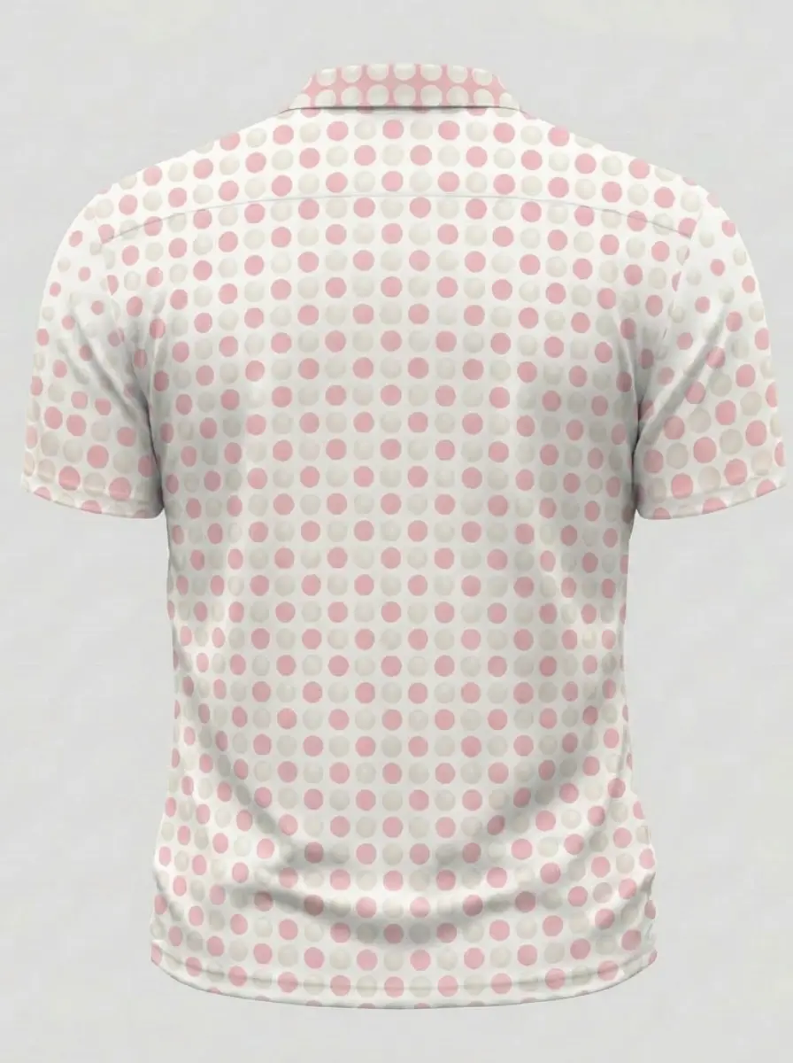 Moisture Wicking Golf Polo 3D Pink White Polka Dot Pattern Button Short Sleeve Golf Polo Shirt