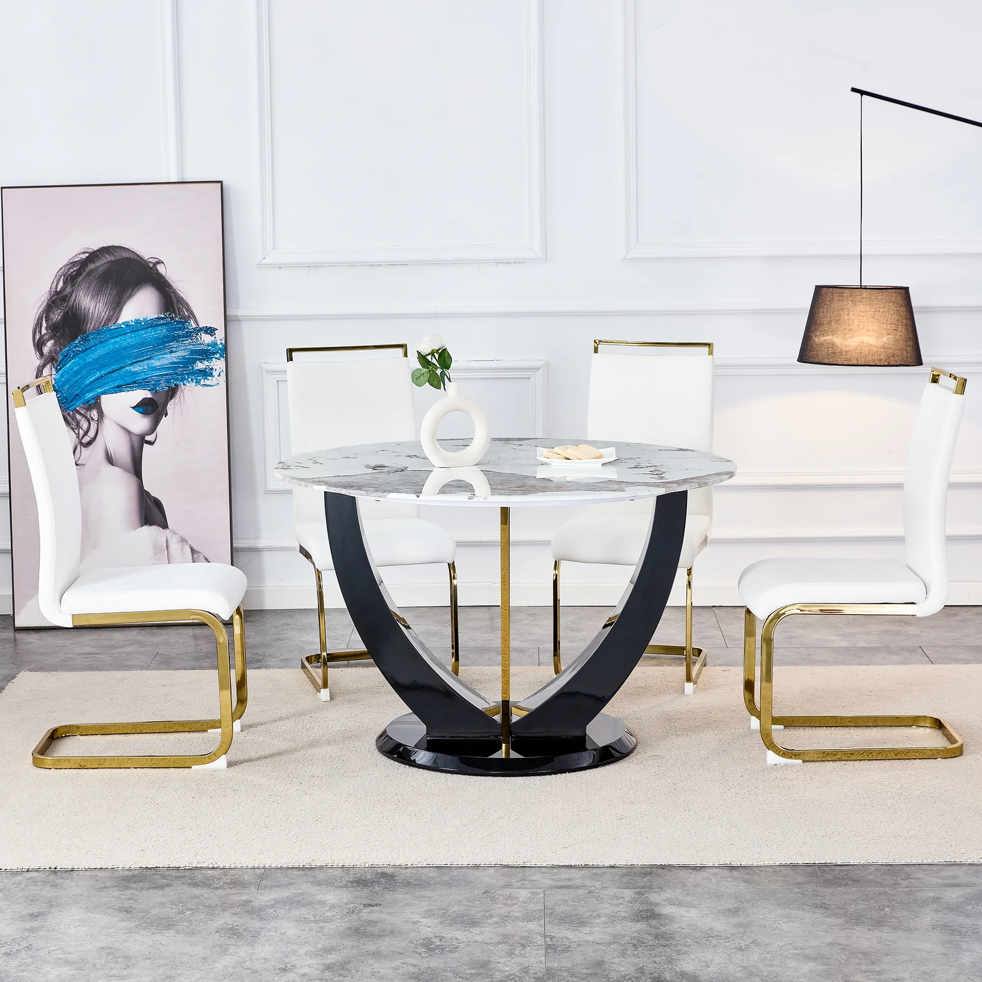 5 Piece Round Dining Table Set, Atumon Kitchen Dining Table with 4 White PU Leather Chairs, Modern Dining Room Set for 4, Dining Table Set with Metal Legs for Dining Room Kitchen Apartment
