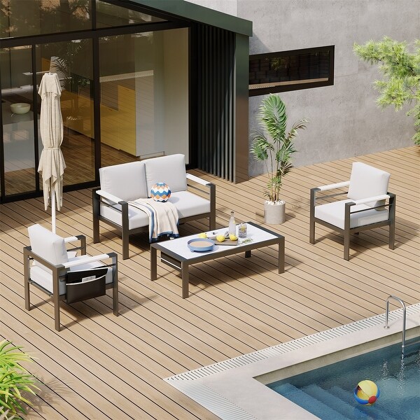4Piece 4 Person Aluminum Patio Conversation Set with Cushions LED Coffee Table and Loveseat