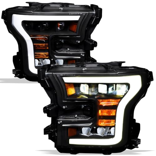 7422457161197 Compatible With 2015-2017 Ford F150 Black Housing Full LED Sequential Tri Projector Headlights With Amber Reflector