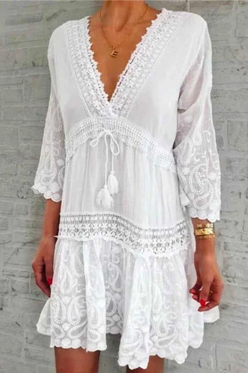 Lace Trim Tiered Swing DressClistos