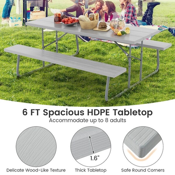 Folding Picnic Table Set with Metal Frame and AllWeather HDPE Tabletop,Umbrella Hole