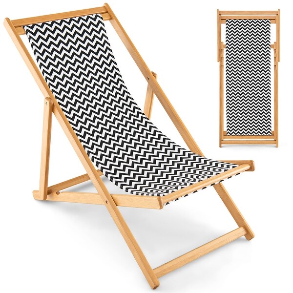 Costway Folding Bamboo Sling Lounge Chair Reclining Canvas Portable