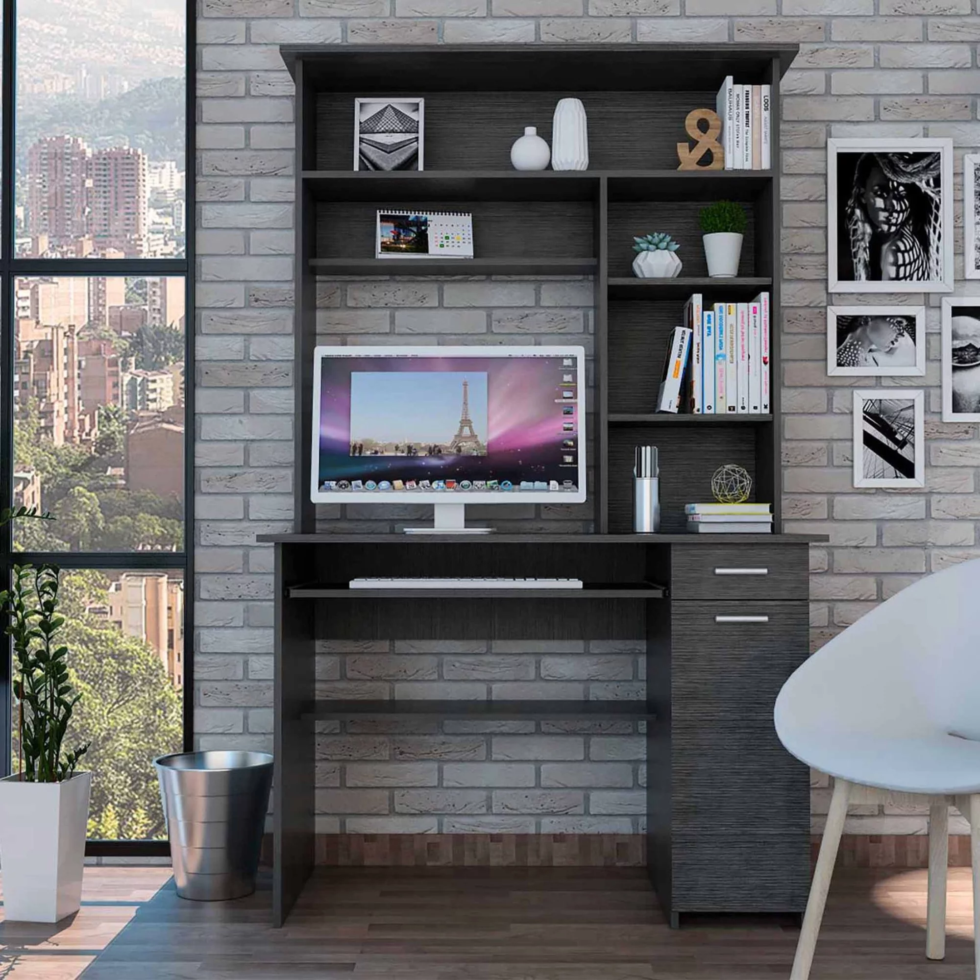 TUHOME Compu 180 Hutch Desk  Engineered Wood Desks in  Gray