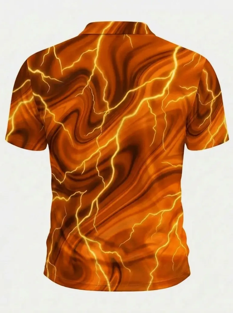 Moisture Wicking Golf Polo 3D Orange Marble Lightning Print Button Short Sleeve Golf Polo Shirt