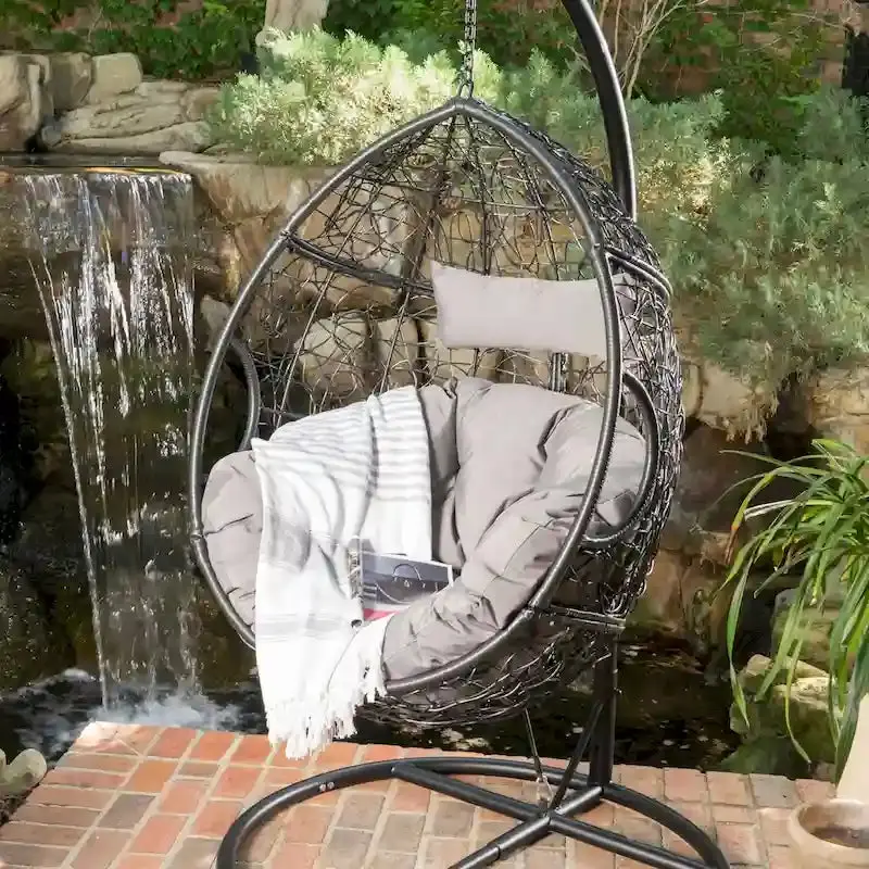 Waterproof Wicker Hanging Basket Chair – Hammock-Style Seat with Cushions, 300 lb Weight Limit