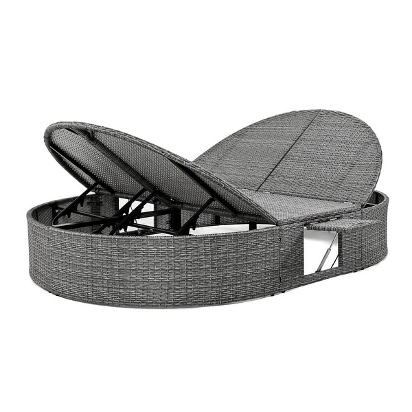 2Person Rattan Garden Reclining Chaise Lounge Daybed with Cup Trays