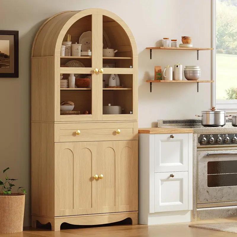 Rustic Arched Kitchen Storage Cabinet – 180 cm Tall with Glass Doors, Drawers & Adjustable Shelves