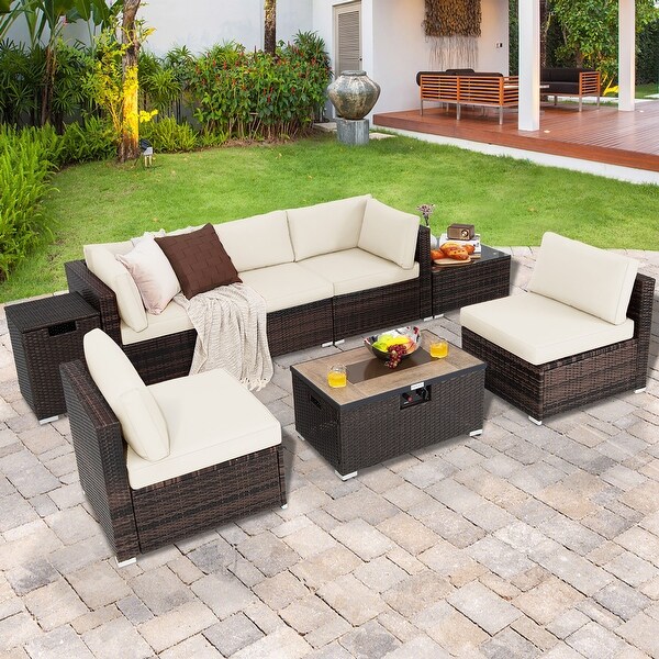 Costway 8PCS Patio Rattan Furniture Set Fire Pit Table Tank Holder