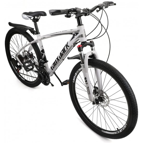 Mens Mountain Bike 27.5-Inch Wheels, Aluminum Frame, 21 Speed Thumb Shifter, Front Suspension, Dual Disc Brakes Women Adult Bicycles Black-White w/mudguards, Bike Lock, Air Pump
