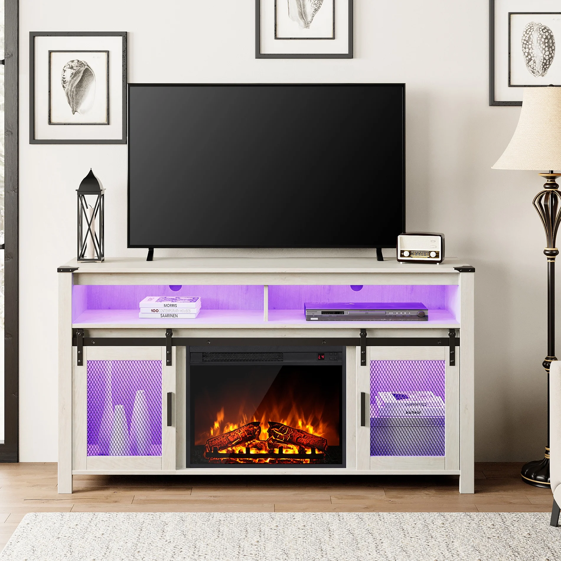 WAMPAT Farmhouse Fireplace TV Stand for 65+ Inch TV, Highboy Entertainment Center with 23