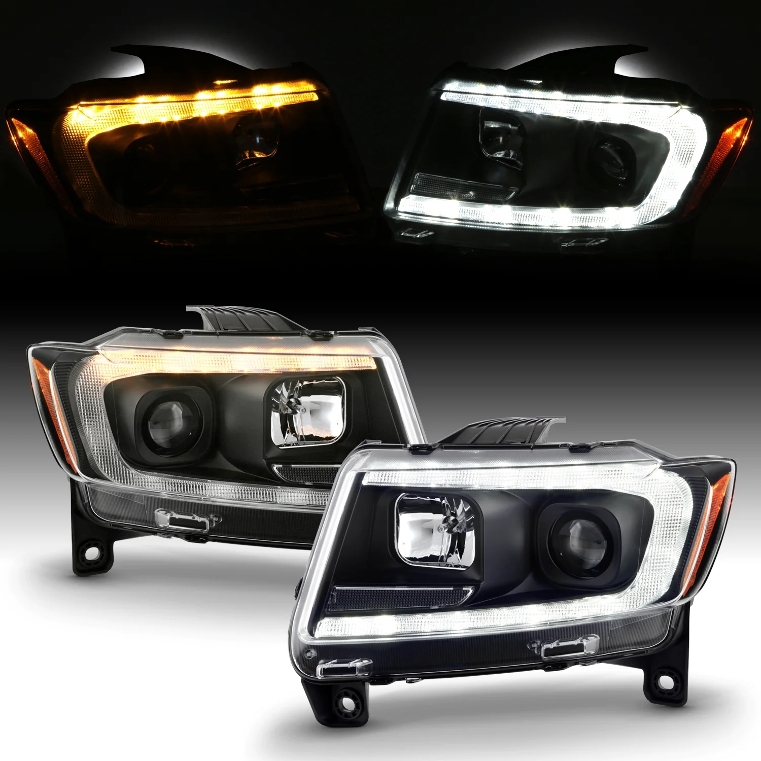 AKKON - Fits 2011-2013 Jeep Grand Cherokee [HID/Xenon Type] LED Tube Bar Projector Black Headlights Pair w/ Sequential Signal